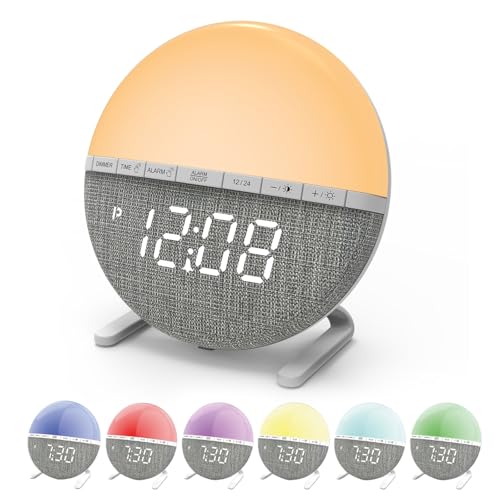 SUNOYA Despertador de luz diurna con luz de amanecer, despertador, despertador, con luz, despertador digital con pantalla LED, 7 tonos de llamada, 7 colores, lámpara de noche para dormitorio y hogar