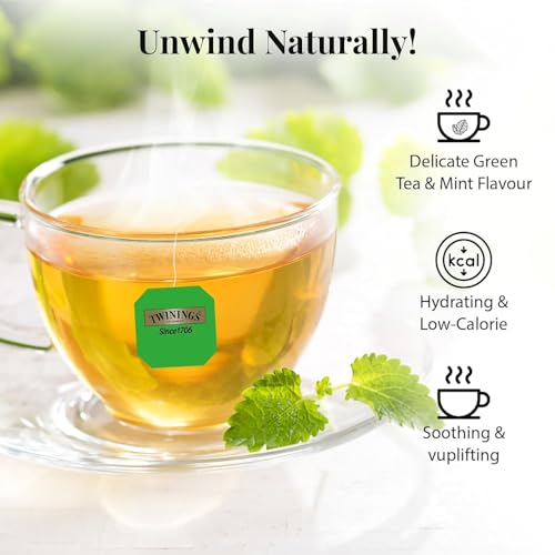 Image of Twinings Green Tea & Mint, 25 Tea Bags| Pack of 1| Perfectly Balanced & Refreshing Taste| Light, Soothing Flavour| Low Calorie| Handpicked Green Tea Leaves| Enjoy as Hot or Iced Tea