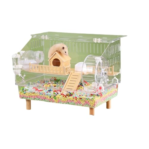 jsdskw ハムスターケージ ハムスター ハウス 木製 広い空間 持ち運び 組立簡単 給水ボトル 回し車 お風呂 など 11点セット (透明03)