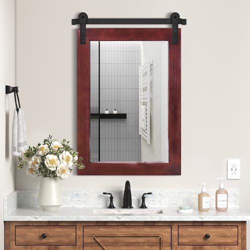 Image of COGOOD Bathroom Mirrors for Over Sink - 22 x 30 Farmhouse Barn Door Wall Mirror for Bathroom, Living Room, Entryway Wall Decor Espresso