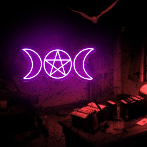 Image of Pentagram Triple Moon Neon Sign Gothic Hanging LED Light Wiccan Gift | USB Powered Dimmable Triple Goddess Wall Sign Decor Wiccan Neopagan Witch Decoration 16.5 inchx7.9 inch
