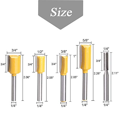 Mesee 5Pcs 1/4 Inch Shank Straight Dado Router Bit Set Double Flute Plywood Cut Router Bits Surface Straight Wood Milling Cutter Woodworking Tools #TOP1