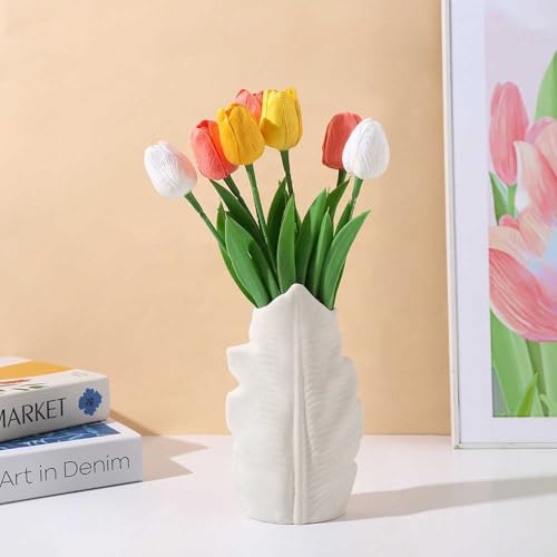 Image of Plastic White Ceramic-Look Leaf Design Vase for Flowers, Modern Textured Decorative Table Vase for Living Room, Bedroom, Office, Dining Table, Lightweight & Unbreakable Flower Pot (Leaf Shape)