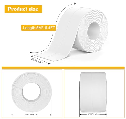 Image of Caulk Tape Waterproof Self Adhesive Widened White Toilet Caulk Sealant Tape | 1.97 inch x16.4Ft, Shower Seal Strip for Kitchen, Countertop, Bathroom, Sink, Bathtub Toilet Edge Protector with Sealing Tool