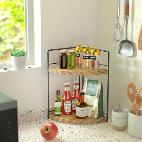 Image of 2 Tier Bathroom Counter Organizer,Bathroom Countertop Organizer, Wood Vanity Organizer Corner Shelf,Makeup Tray for Perfume Skincare Bedroom Kitchen Corner (2 Tier,Yellow)
