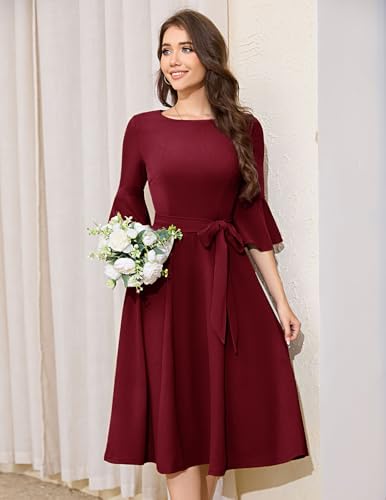 Image of HomRain Women's Church Dresses Modest Bell Sleeve Wedding Guest Cocktail Tea Party Vintage Evening Dress