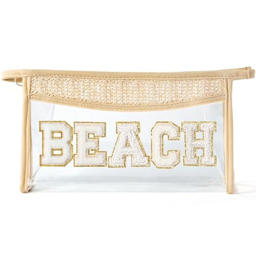 Belanttega Boho Patch Beach Cosmetic Bag - Summer BEACH Chenille Varsity Toiletry Makeup Bag Beige Letter Clear Waterproof Travel PVC Zipper Clutch Daily Use Purse Summer Makeup Pouch for Women Girls