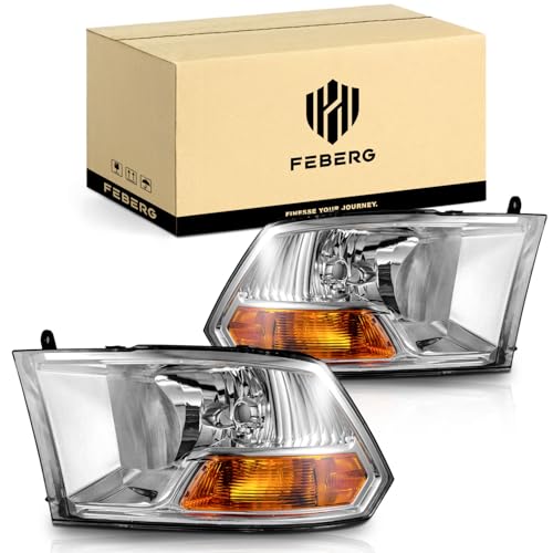 FEBERG [OE Style Anti-Yellowing Headlights Compatible with 2009-2012 Dodge Ram 1500(Does NOT fit Quad Beam Headlight Models), 2010-2012 Dodge Ram 2500 3500 Replacement Chrome Housing Amber Reflector