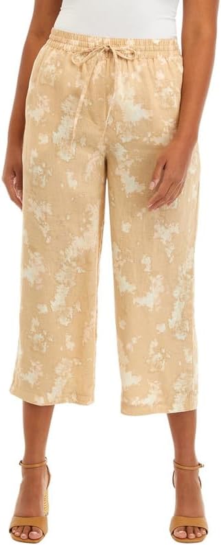 DKNY Women's Linen Printed Drawstring Pants (Sandalwood/Ivory Multi, Large)