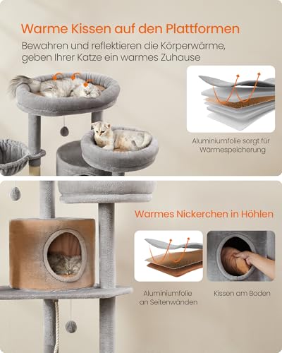 Feandrea Kratzbaum groß, XXL, 196 cm hoch, mehrstöckiger Katzenbaum mit 2 großen Plattformen, 3 Höhlen, 2 Liegemulden, 5 Kratzstämmen, 4 Plüschbällen, Katzenbürste, Tunnel, hellgrau PCT153W01 – Bild 6