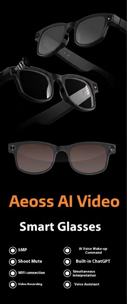 Image of Aeoss AI Video Smart Glasses with 8MP HD Camera - Real-Time Language Translation, AI Object Recognition, Bluetooth Audio Calls & Voice Assistant - for Driving, Sports & Vlogging