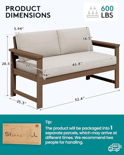 Image of SERWALL HDPE Outdoor Loveseat with Cushions, All Weather Use Outdoor Loveseat Sofa, Brown Frame /Khaki Cushion