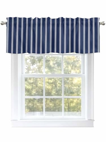 Litter Star Kitchen Valances for Windows, Navy Blue Stripe Valance Curtain Rod Pocket Valance, Minimalist Geometric Short Curtains Window Topper for Bedroom Bathroom Living Room 42x12in