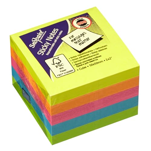 Snopake 50 x 50 mm Neon Assorted Sticky Notes [Pack of 1 400 Sheets per Pad] 13223 13223s