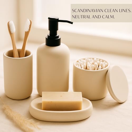 Ceramic Bathroom Accessories Set 4 Pcs – Modern Scandinavian Neutral Bathroom Soap Dispenser Set with Toothbrush Holder, Soap Dish & Cup – Minimalist Bathroom Accessory Set Decor - Cream/Light Beige - Image 4