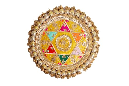 Image of Wood Handmade Gota Patti Work Plate, Table Decor & Base For Statues, Gods, Plant, Craftsmanship With Golden Moti Detailing, Gift For Diwali, Birthdays, Housewarming Size 13 inch Yellow1