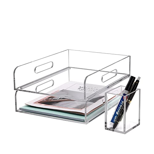 MerryNine Transparentes Acryl-Organizer-Tablett, 2 Etagen, stapelbare Büro-Aktenaufbewahrung, geteilte Art kann herausgenommen werden, Aufbewahrungsschubladen für Brief/A4-Papier/Magazin (vertikal) Cover