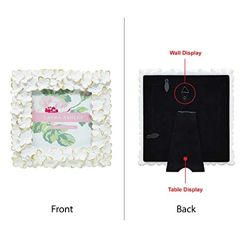 Laura Ashley 4X4 White & Gold Flower Textured Hand-Crafted Resin Picture Frame W/ Easel & Hook For Tabletop & Wall Display, Decorative Floral Design Home Décor, Photo Gallery, Art (4X4, White/Gold) #TOP2