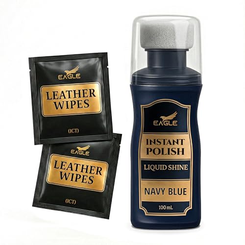 Eagle Liquid Shoe Polish Instant Shine Quick-Dry Leather Polish with Built-In Sponge Applicator & 2 Cleaning Wipes (Navy Blue)