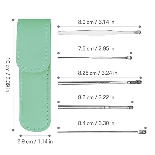 Earwax Removal Kit, 6Pcs Innovative Spring Earwax Cleaner Tool Set - Spiral Design Stainless Steel Ear Picks Cleaning Spoon with PU Leather(Green) - Thumbnail 7