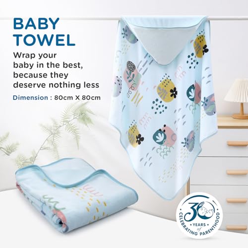 Image of Mee Mee Hooded Baby Bath Towel for New Born | Wash Cloth, Quick Absorbent, Can be Used for Baby Swaddling, Extra Soft Cotton Towels for Kids /Toddlers /Infants /Babies, Pack of 1, (Blue Rain) 80X80 CM