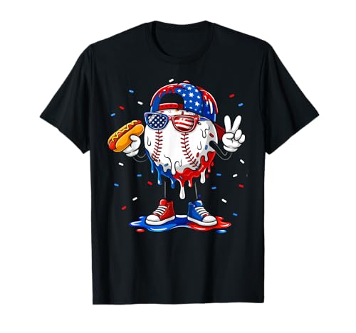 Baseball Ice Cream Drip American Flag Boys Youth 4th of July T-Shirt