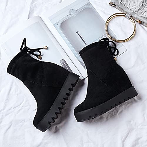 VOKLIN Women's Casual Round Toe Hidden Wedge Dress Ankle Boots Suede Lace Up Chunky High Heel Short Booties4