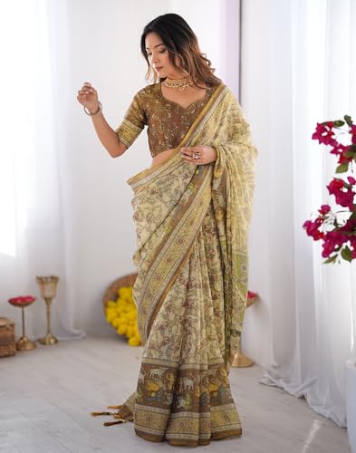 Image of SIRIL Women's Cotton Linen Kalamkari Printed Handloom Saree with Unstitched Blouse Piece