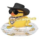 wonuu Car Rubber Duck Decoration, West Cowboy Duck Car Dashboard Decoration Accessories with Mini Swim Ring Cowboy Hat Scarf and Sunglasses(B_Black Scarf celar Ring)