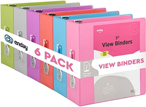 3 Slant D-Ring Binder 3 Inch, 3 in Clear View Cover with 2 Inside Pockets Binder, Heavy Duty Colored School Supplies Binders in Red, Green, Grey, Purple, Blue, Pink, Multicolor (6 PC) – by Enday