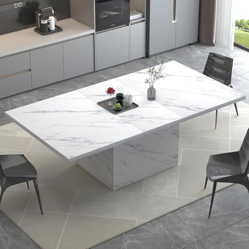 Robusta base a T con piedistallo: questo moderno tavolo da pranzo presenta un design a forma di T che garantisce una distribuzione uniforme del peso e stabilità. La solida base del piedistallo è costruita con quattro pannelli in MDF solidi che formano un piedistallo rettangolare cavo resistente. Questo rende il tavolo ideale per l'uso quotidiano e le riunioni, garantendo una lunga durata e resistenza nel tempo