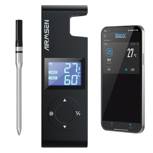 AIRMSEN Fleischthermometer Kabelloses 1000mAh Akku Grillthermometer Bluetooth mit Hitzebeständigem...