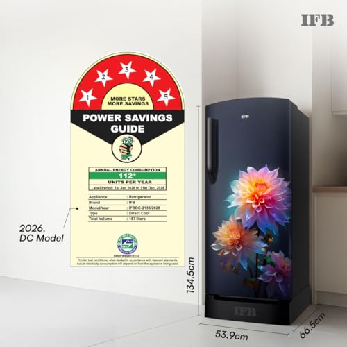 Image of IFB 187L 5 Star Advanced Inverter Direct-Cool Single Door Refrigerator with 30 Hrs Cooling Retention, Big Vegetable Box, 4 Year Super Warranty & Base Stand (2026, IFBDC-213EYBNED, Divine Bliss Blue)