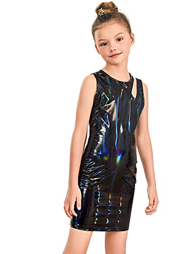 WDIRARA Girl's Cut Out Round Neck Sleeveless PU Leather Bodycon Tank Dress