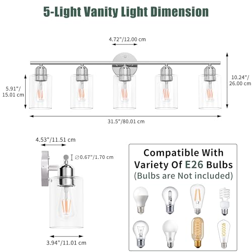 Image of Bathroom Vanity Light Fixtures Polished Chrome Bathroom Lighting Fixture, 5 Lights Bathroom Light Fixture Over Mirror, Modern Black Vanity Light, Wall Sconces with Glass Shades