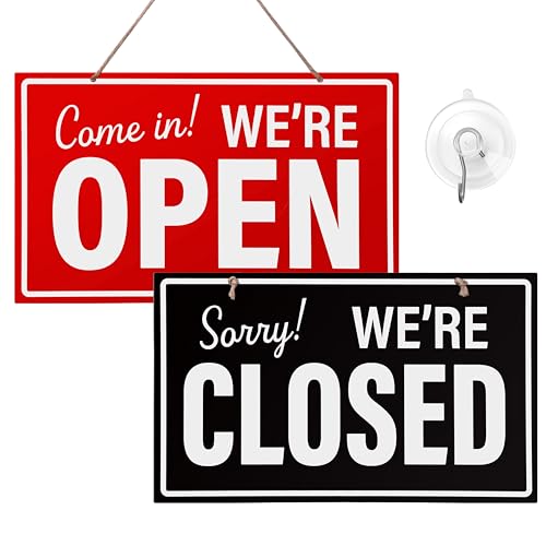 Open Closed Sign for Business, 10\" x 6\" Double Sided Plastic Sign with Twine, Suction Cup Hook, Business Hours (Black/Red)