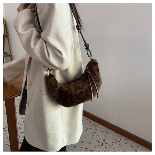 Image of Leopard Fluffy Sling Dumpling Bag Cheetah Print Fuzzy Furry Shoulder Crossbody Crescent Bag Leopard Plush Horn Bag