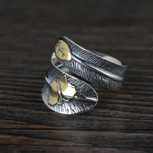 Two Tone 925 Sterling Silver Feather Ring Golden Butterfly Leaf for Women Men Open Adjustable2