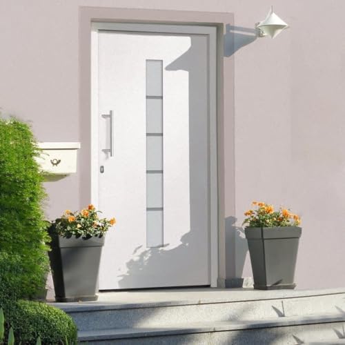 Puerta de entrada de aluminio y PVC, color blanco, 110 x 210 cm, con 5 compartimentos de seguridad, umbral de aluminio, acristalamiento aislante, kit de montaje, apertura izquierda, puerta de entrada