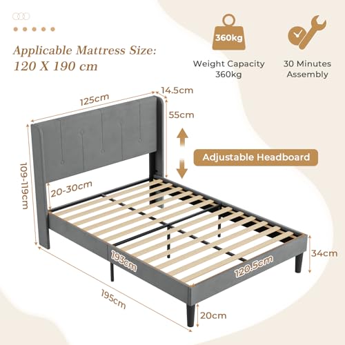 Vesgantti Velvet Small Double Bed Frame With Adjustable Wing Edge Headboard, Solid Wooden Slats & Upholstered Platform, Easy Assembly, Under Bed Storage, 4FT Small Double Bed, 120 X 190 Cm, Dark Grey - 2