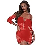 Kimfeng Sexy Lingerie for Women Naughty Tassel One Piece Bodycon Mini Dress Fishnet Lingerie Set Bodysuit Outfits Teddy Erotic Sheer Mesh Dresses Swimsuit Cover Up Beach Party Red