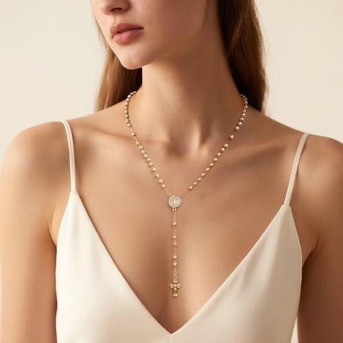 Women's Gold Saint Benedict Necklace - 14k Gold Plated Rosary Beads Cross Necklaces,Non Tarnish Golden Y Chain Catholic Miraculous Medal Protection Necklaces,Religious Crucifix Jewelry Gift for Her2