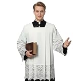ANDHOM Catholic Premium Clergy Vestment Set Elegant White Surplice with Pleated Lace Details