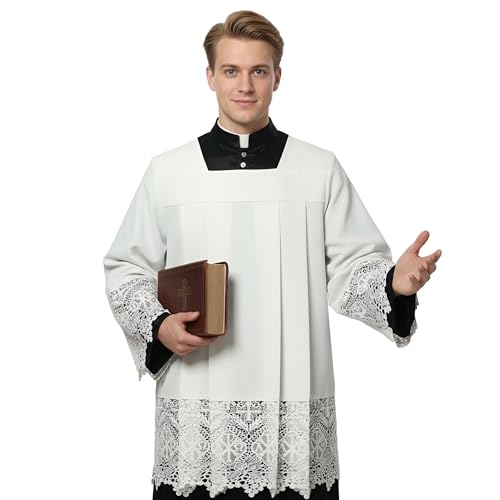ANDHOM Catholic Premium - conjunto de colete de clero elegante sobrepeliz branco com detalhes de renda plissada, Branco, 3XL