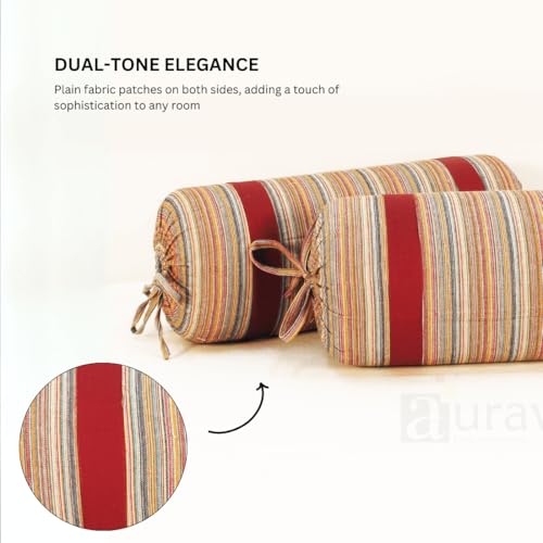 Image of AURAVE Woven Cotton 144 TC Printed Bolster Cover with Drawstring Closure, Set of 2, Soft Breathable Durable Machine Washable for Sofa Bed & Home Decor, 15 inchx30 inch, Maroon | Cover Only