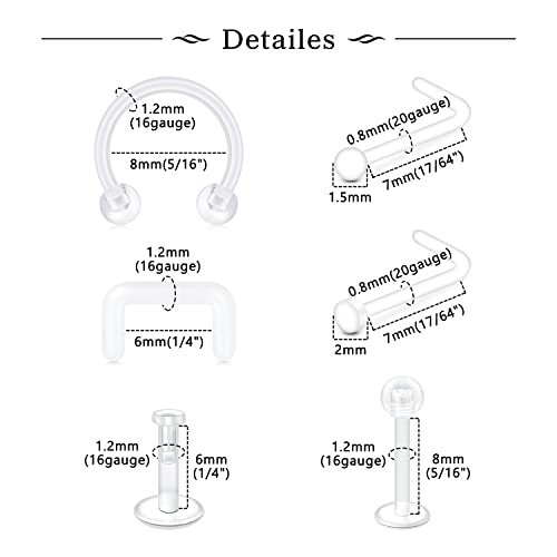 MODRSA Mix Set Clear Piercing Retainers Septum Retainer Nose Studs Flexible Lip Ear Nose Tongue Rings Nipplering Cartilage Rook Daith Earrings Horseshoe Plastic Industrial Piercing Retainer for Work2