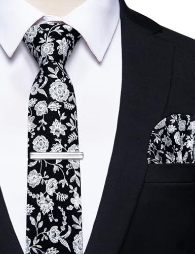 Image of YourTies Cotton Floral Tie for Men 2.5 inch Printed Skinny Necktie Pocket Square Tie Clip Set Flower Wedding Party Groom