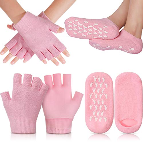4 Pieces Moisturizing Spa Gloves and Socks Set, Gel Gloves and Socks Fingerless Moisturizing Glove Heel Spa Socks for Moisturizing Soften Dry Rough and Cracked Hands Feet Day and Night