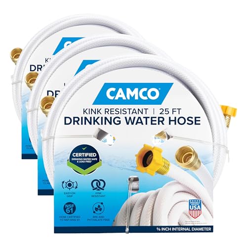 Camco TastePURE 25-Ft Water Hose - RV Drinking Water Hose Contains No Lead, BPA & Phthalate Diamond-Hatch Reinforced PVC Design - 5/8” Inside Diameter, Made in the USA (22783) (Pack of 3)