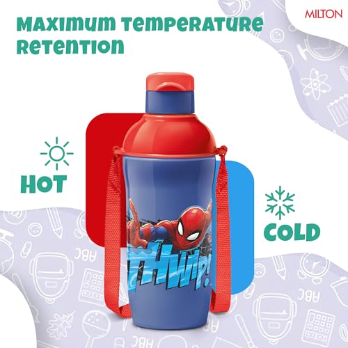 Image of Milton Marvel Steel Slim 400 Insulated Inner Steel Water Bottle for School Kids I Leak Proof Flip Top Lid,Easy to Carry Loop,Insulated Thermo Sipper Bottle for Kids,390 ml,Dark Blue (Spider-Man print)